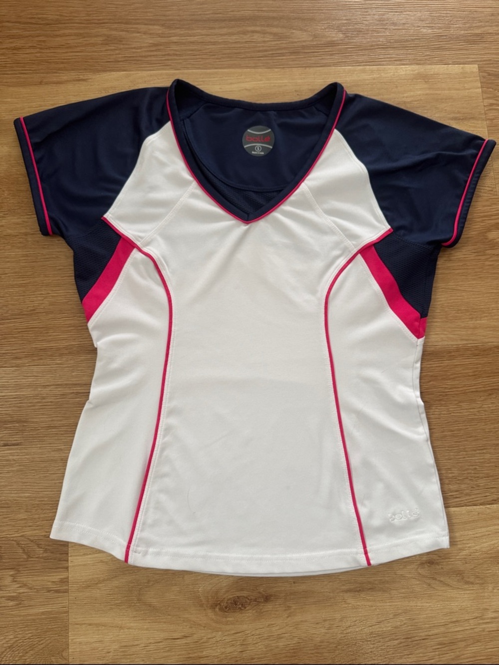Bollé Athletic V-Neck Tee in White, Navy & Hot Pink